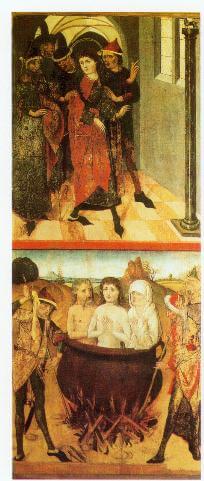 Ehemaliger Hochaltar, linker Standflügel. Oben: Der Hl. Veit verweigert den Götzendienst. Unten: Martyrium der Hl. Modestus, Veit und Crescentia (Foto: Restaurierungsatelier Eike und Karin Oellermann, Heroldsberg)