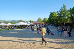 Blick über das Gelände mit den Zelten im Hintergrund