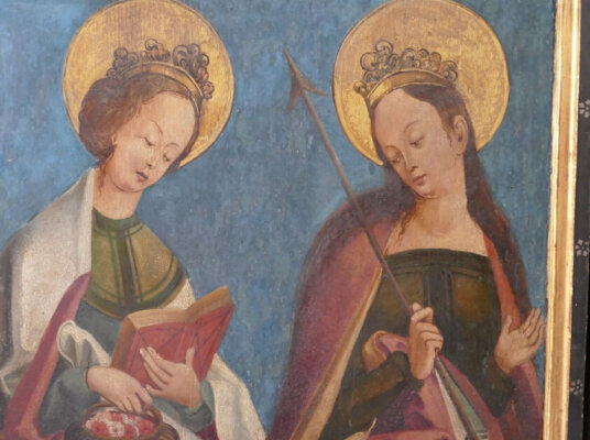 Dorothea mit einem Körbchen voll Rosen und einem Buch, Ursula mit einem Pfeil